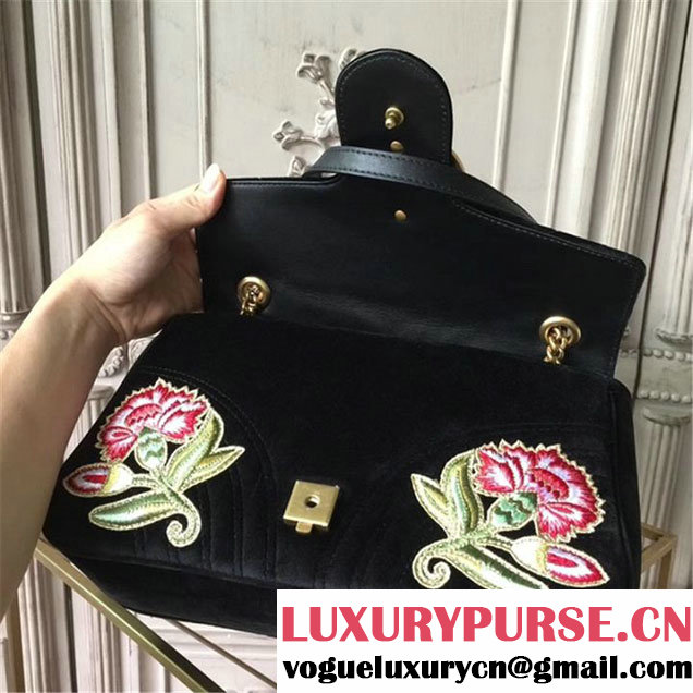 Gucci Loved Floral Embroidered Velvet GG Marmont 32cm Shoulder Bag Pre-Fall 2017 Collection Black