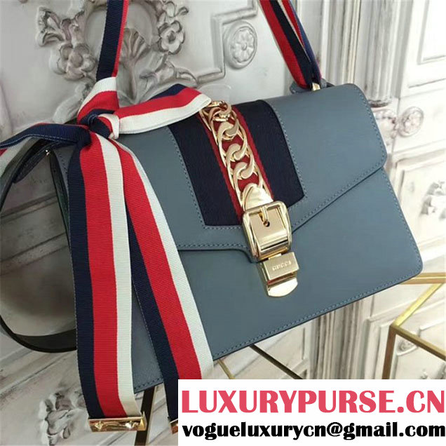 Gucci Sylvie Chain-Embellished Leather Medium Shoulder 25cm Bag Calfskin Leather Fall Winter 2017 Collection Grey