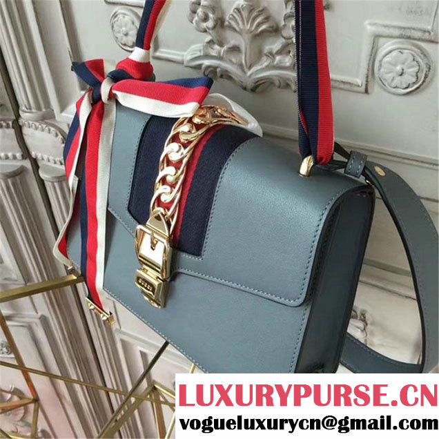 Gucci Sylvie Chain-Embellished Leather Medium Shoulder 25cm Bag Calfskin Leather Fall Winter 2017 Collection Grey