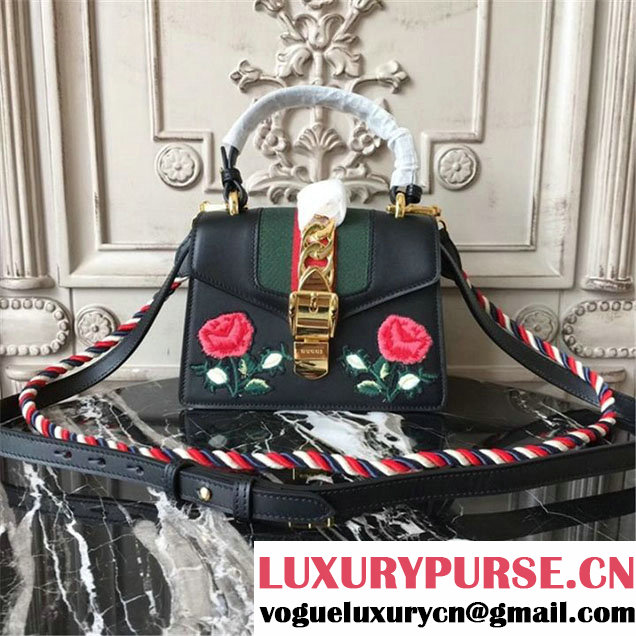 Gucci Sylvie Flower Embroidery Mini Bag 470270 20cm Spring Summer 2017 Collection Black