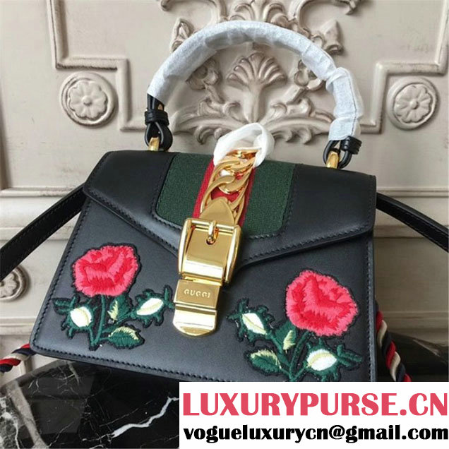 Gucci Sylvie Flower Embroidery Mini Bag 470270 20cm Spring Summer 2017 Collection Black