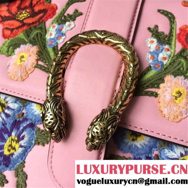Gucci Flower Embroidered Dionysus Leather Bamboo Large Top Handle 27cm Bag Fall Winter 2017 Collection Pink