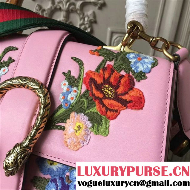 Gucci Flower Embroidered Dionysus Leather Bamboo Large Top Handle 27cm Bag Fall Winter 2017 Collection Pink