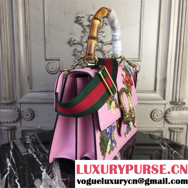 Gucci Flower Embroidered Dionysus Leather Bamboo Large Top Handle 27cm Bag Fall Winter 2017 Collection Pink