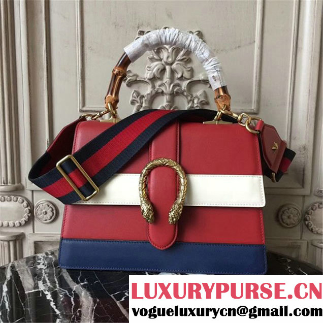 Gucci Dionysus Leather Bamboo Large Top Handle 27cm Bag Fall Winter 2017 Collection Hibiscus Red White Navy Blue