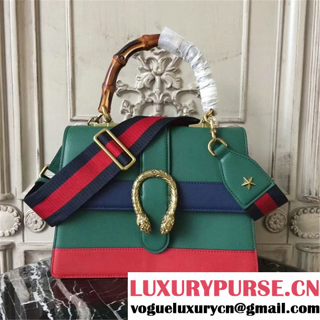 Gucci Dionysus Leather Bamboo Large Top Handle 27cm Bag Fall Winter 2017 Collection Green Navy Blue Hibiscus Red