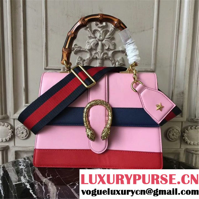 Gucci Dionysus Leather Bamboo Large Top Handle 27cm Bag Fall Winter 2017 Collection Pink Navy Blue Hibiscus Red