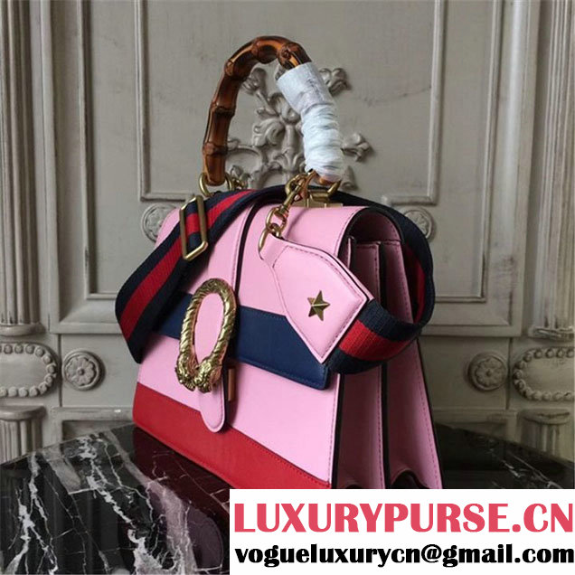 Gucci Dionysus Leather Bamboo Large Top Handle 27cm Bag Fall Winter 2017 Collection Pink Navy Blue Hibiscus Red