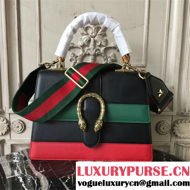 Gucci Dionysus Leather Bamboo Large Top Handle 27cm Bag Fall Winter 2017 Collection Black Green Hibiscus Red