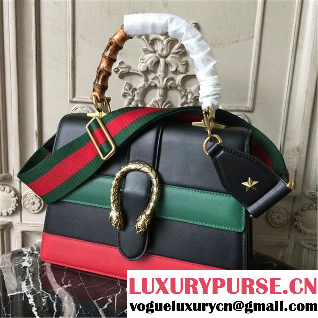 Gucci Dionysus Leather Bamboo Large Top Handle 27cm Bag Fall Winter 2017 Collection Black Green Hibiscus Red