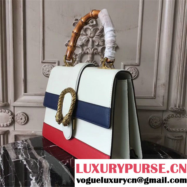 Gucci Dionysus Leather Bamboo Large Top Handle 27cm Bag Fall Winter 2017 Collection White Navy Blue Hibiscus Red