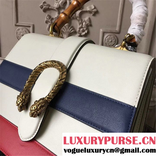Gucci Dionysus Leather Bamboo Large Top Handle 27cm Bag Fall Winter 2017 Collection White Navy Blue Hibiscus Red