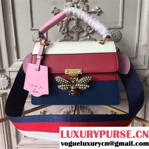 Gucci Queen Margaret Stripe Top Handle Shoulder Bag Calfskin Leather Fall Winter 2017 Collection Red Navy White