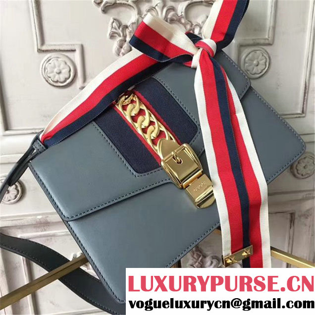 Gucci Sylvie Chain Embellished Leather Medium Shoulder 25cm Bag Calfskin Leather Fall Winter 2017 Collection Gray