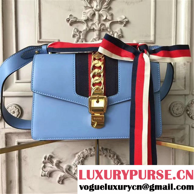 Gucci Sylvie Chain Embellished Leather Medium Shoulder 25cm Bag Calfskin Leather Fall Winter 2017 Collection Light Blue