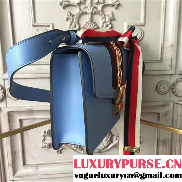 Gucci Sylvie Chain Embellished Leather Medium Shoulder 25cm Bag Calfskin Leather Fall Winter 2017 Collection Light Blue