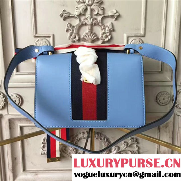 Gucci Sylvie Chain Embellished Leather Medium Shoulder 25cm Bag Calfskin Leather Fall Winter 2017 Collection Light Blue