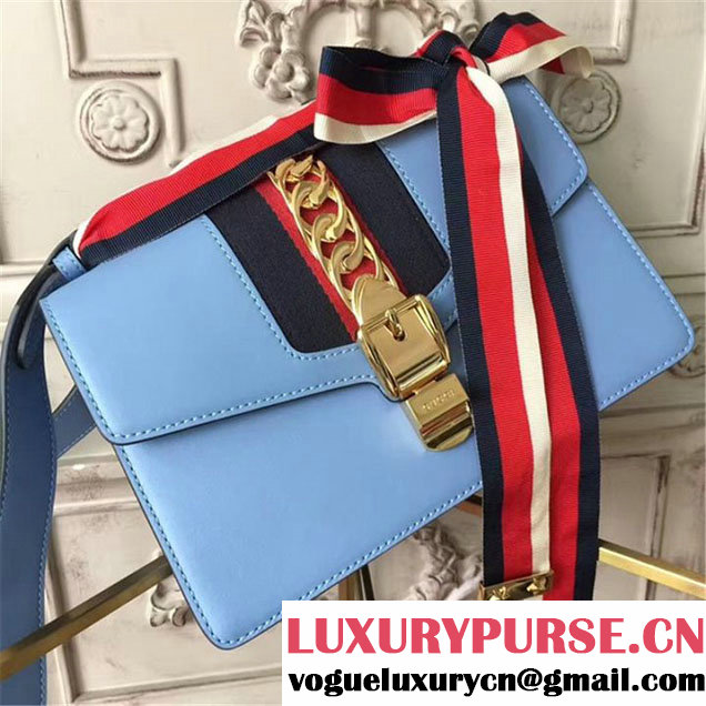 Gucci Sylvie Chain Embellished Leather Medium Shoulder 25cm Bag Calfskin Leather Fall Winter 2017 Collection Light Blue