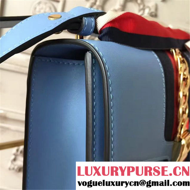 Gucci Sylvie Chain Embellished Leather Medium Shoulder 25cm Bag Calfskin Leather Fall Winter 2017 Collection Light Blue