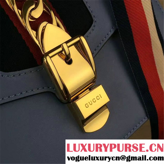 Gucci Sylvie Chain Embellished Leather Medium Shoulder 25cm Bag Calfskin Leather Fall Winter 2017 Collection Light Blue