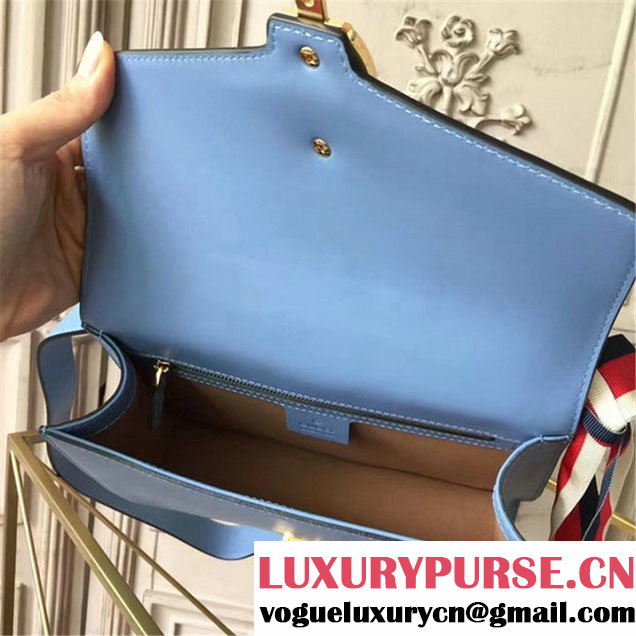Gucci Sylvie Chain Embellished Leather Medium Shoulder 25cm Bag Calfskin Leather Fall Winter 2017 Collection Light Blue