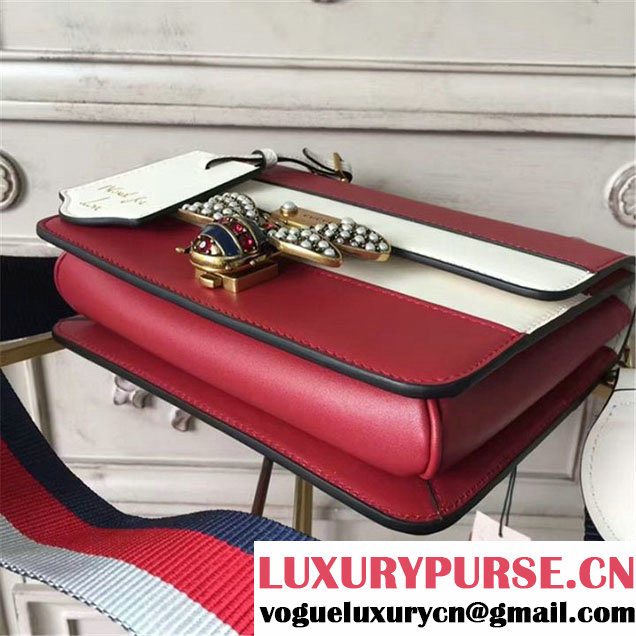 Gucci Queen Margaret Stripe Shoulder Bag Calfskin Leather Fall Winter 2017 Collection Red White