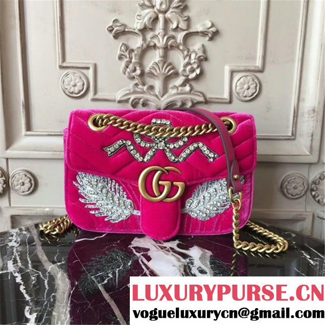 Gucci Marmont Chevron Feather Embroidered Velvet Shoulder Bag 22cm 443497 Fall Winter 2017 Collection Pink