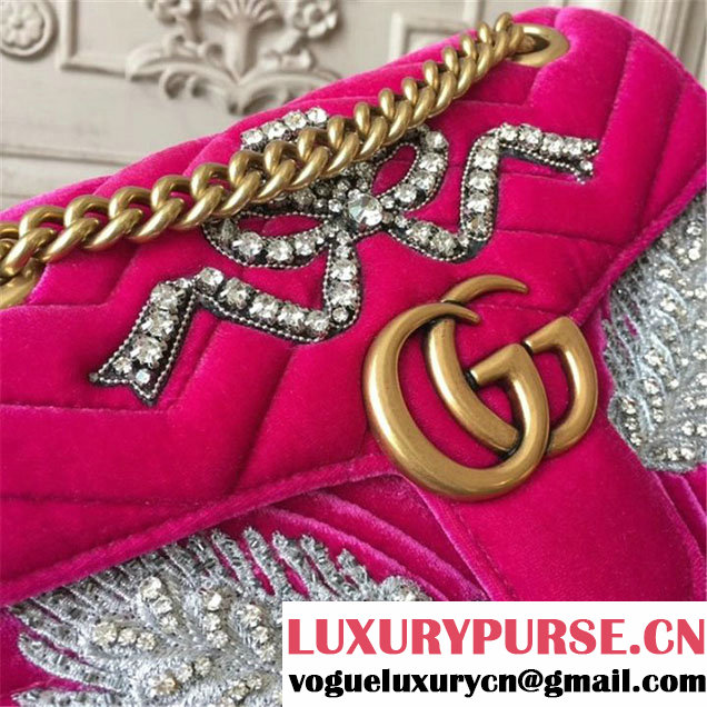 Gucci Marmont Chevron Feather Embroidered Velvet Shoulder Bag 22cm 443497 Fall Winter 2017 Collection Pink