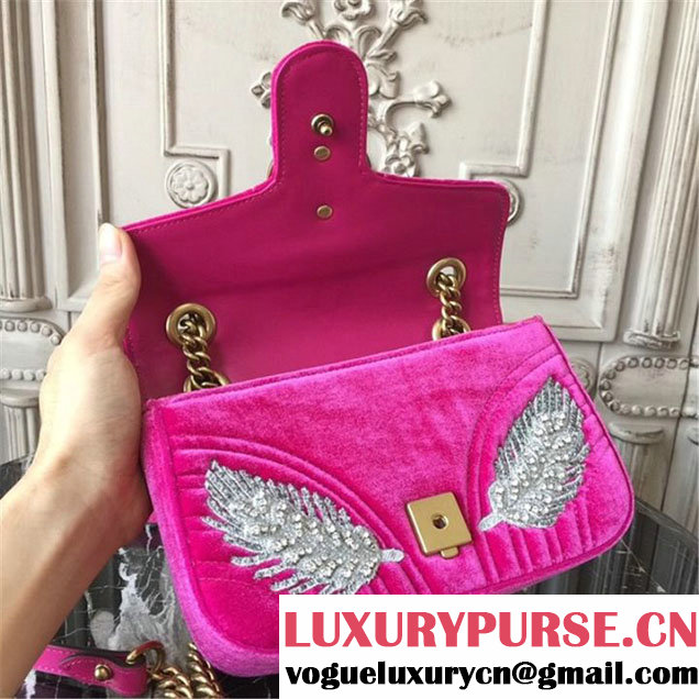 Gucci Marmont Chevron Feather Embroidered Velvet Shoulder Bag 22cm 443497 Fall Winter 2017 Collection Pink