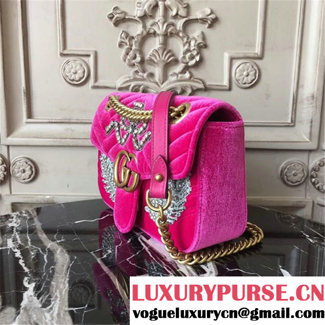 Gucci Marmont Chevron Feather Embroidered Velvet Shoulder Bag 22cm 443497 Fall Winter 2017 Collection Pink
