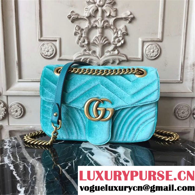 Gucci Marmont Chevron Velvet Shoulder Bag 22cm 443497 Fall Winter 2017 Collection Turqouise