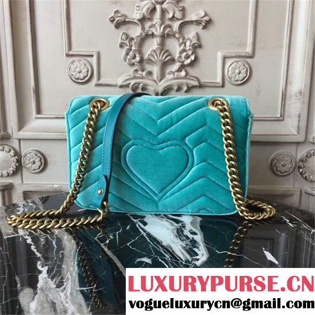 Gucci Marmont Chevron Velvet Shoulder Bag 22cm 443497 Fall Winter 2017 Collection Turqouise