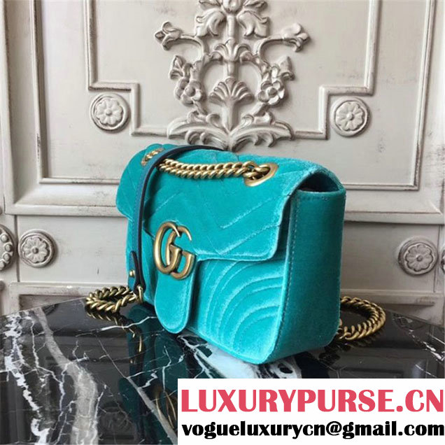Gucci Marmont Chevron Velvet Shoulder Bag 22cm 443497 Fall Winter 2017 Collection Turqouise