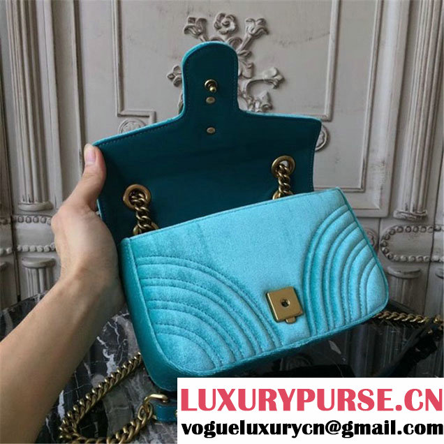 Gucci Marmont Chevron Velvet Shoulder Bag 22cm 443497 Fall Winter 2017 Collection Turqouise