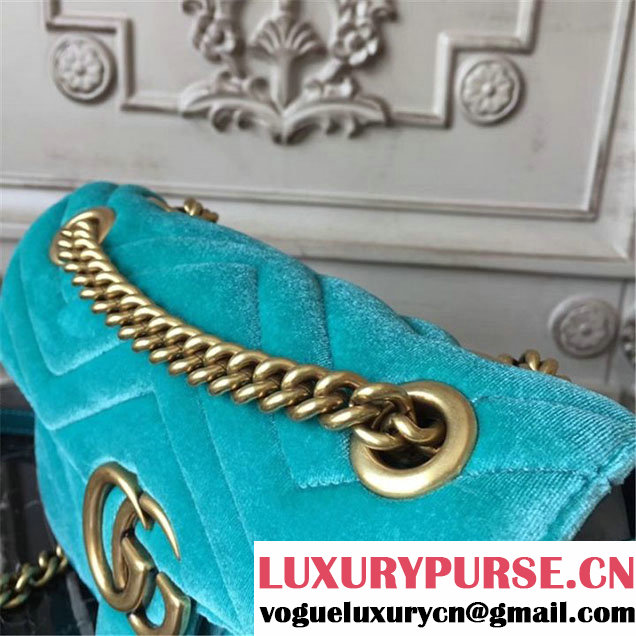 Gucci Marmont Chevron Velvet Shoulder Bag 22cm 443497 Fall Winter 2017 Collection Turqouise