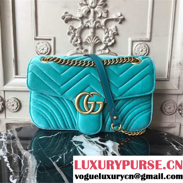 Gucci Marmont Chevron Velvet Shoulder Bag 26cm 443497 Fall Winter 2017 Collection Turqouise