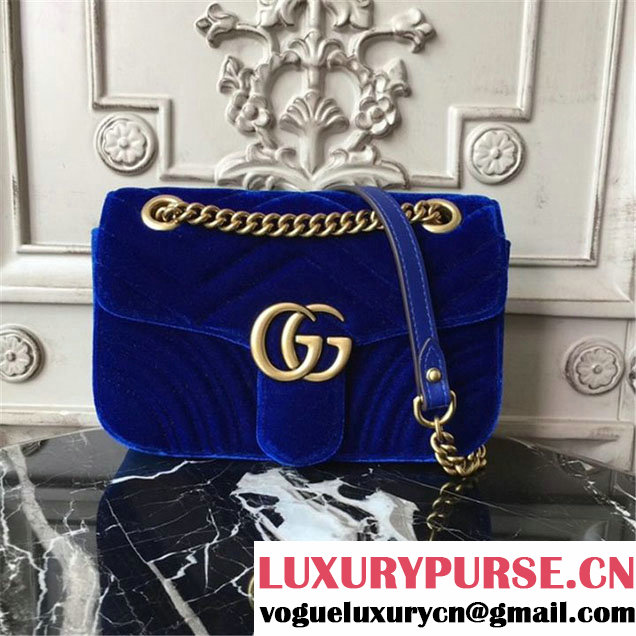 Gucci Marmont Chevron Velvet Shoulder Bag 22cm 443497 Fall Winter 2017 Collection Blue