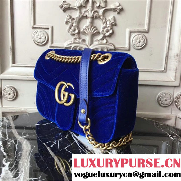 Gucci Marmont Chevron Velvet Shoulder Bag 22cm 443497 Fall Winter 2017 Collection Blue