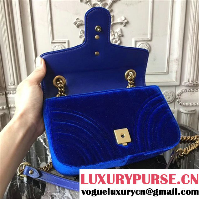 Gucci Marmont Chevron Velvet Shoulder Bag 22cm 443497 Fall Winter 2017 Collection Blue