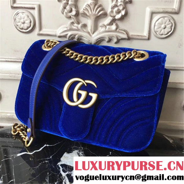 Gucci Marmont Chevron Velvet Shoulder Bag 22cm 443497 Fall Winter 2017 Collection Blue