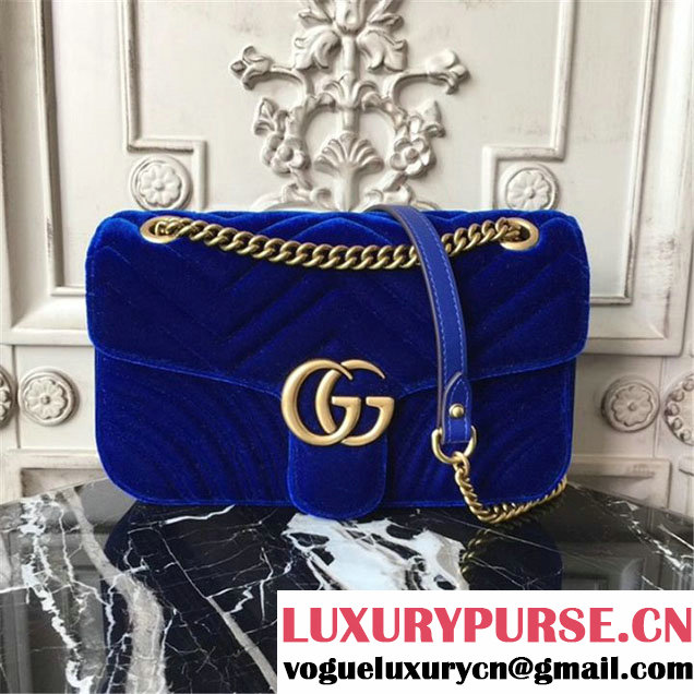 Gucci Marmont Chevron Velvet Shoulder Bag 26cm 443497 Fall Winter 2017 Collection Blue