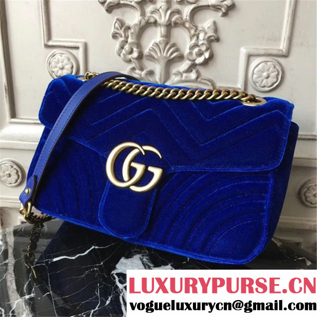 Gucci Marmont Chevron Velvet Shoulder Bag 26cm 443497 Fall Winter 2017 Collection Blue
