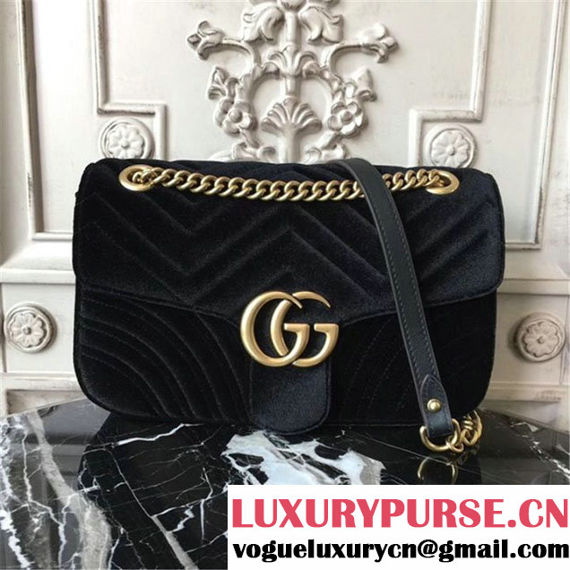 Gucci Marmont Chevron Velvet Shoulder Bag 26cm 443497 Fall Winter 2017 Collection Black