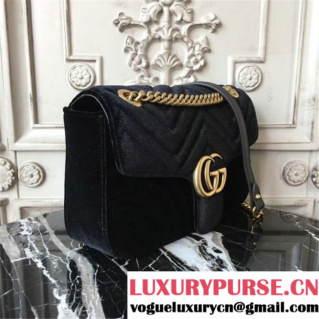 Gucci Marmont Chevron Velvet Shoulder Bag 26cm 443497 Fall Winter 2017 Collection Black