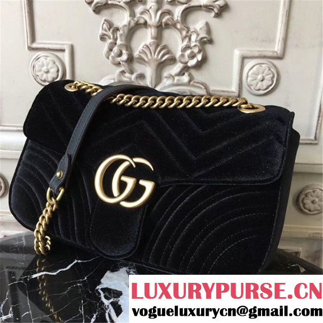 Gucci Marmont Chevron Velvet Shoulder Bag 26cm 443497 Fall Winter 2017 Collection Black