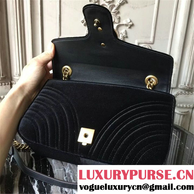 Gucci Marmont Chevron Velvet Shoulder Bag 26cm 443497 Fall Winter 2017 Collection Black