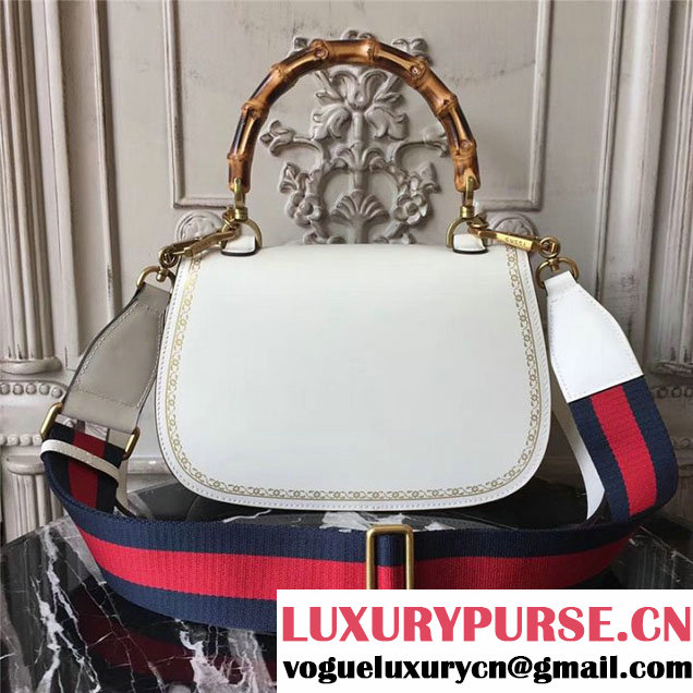 Gucci Bamboo Classic Frame Print Top Handle Satchel 27cm Bag 495880 Calfskin Leather 30cm Fall Winter 2017 Collection White