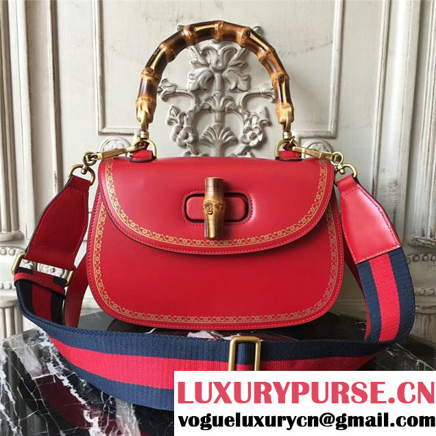 Gucci Bamboo Classic Frame Print Top Handle Satchel 27cm Bag 495880 Calfskin Leather 30cm Fall Winter 2017 Collection Red