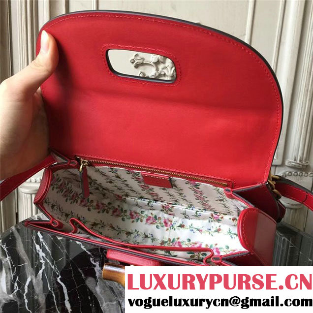 Gucci Bamboo Classic Frame Print Top Handle Satchel 27cm Bag 495880 Calfskin Leather 30cm Fall Winter 2017 Collection Red