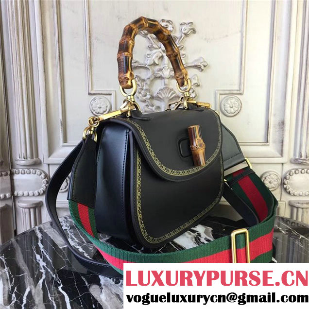 Gucci Bamboo Classic Frame Print Top Handle Satchel 27cm Bag 495880 Calfskin Leather 30cm Fall Winter 2017 Collection Black